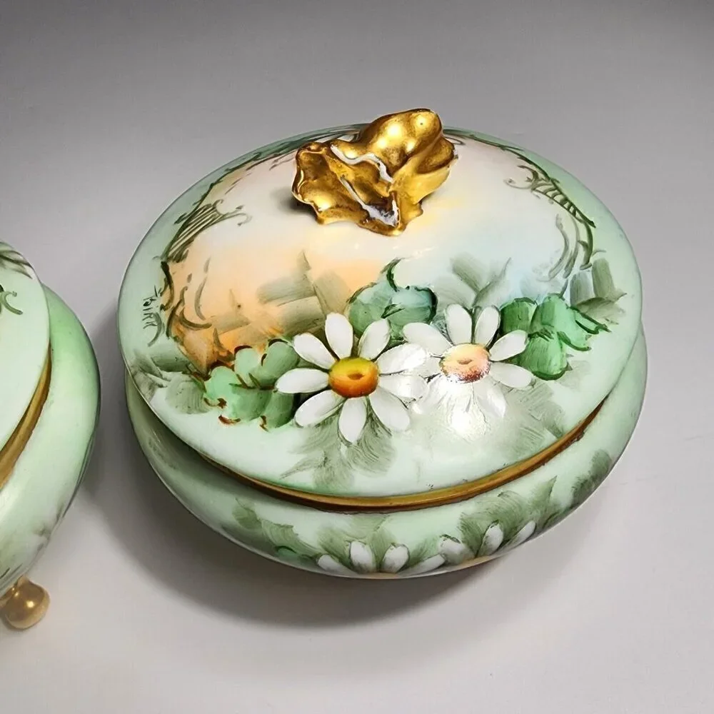 Antique Austrian Birn Porcelain Daisy Decor Vanity Set Receiver and Powder Dish